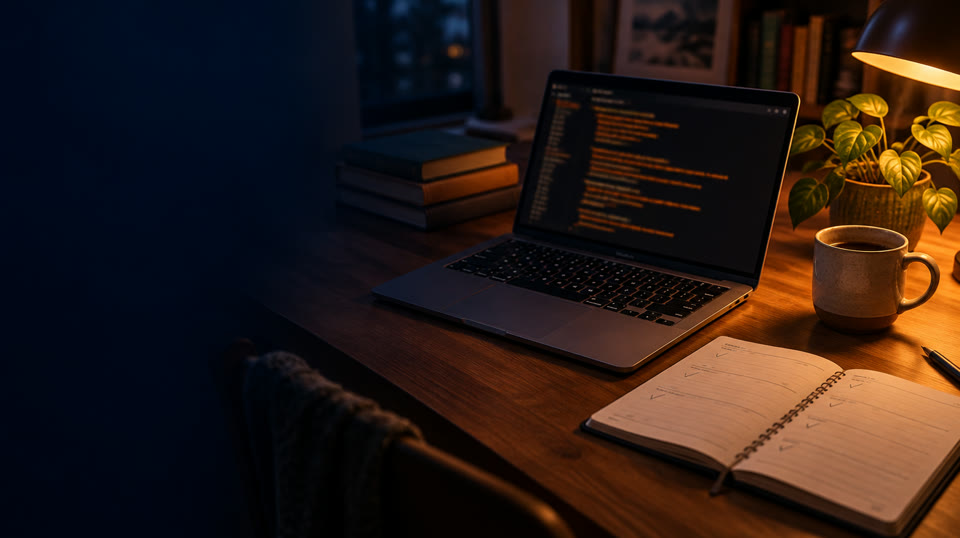 Mesa à noite com um notebook mostrando o terminal, uma agenda aberta e livros