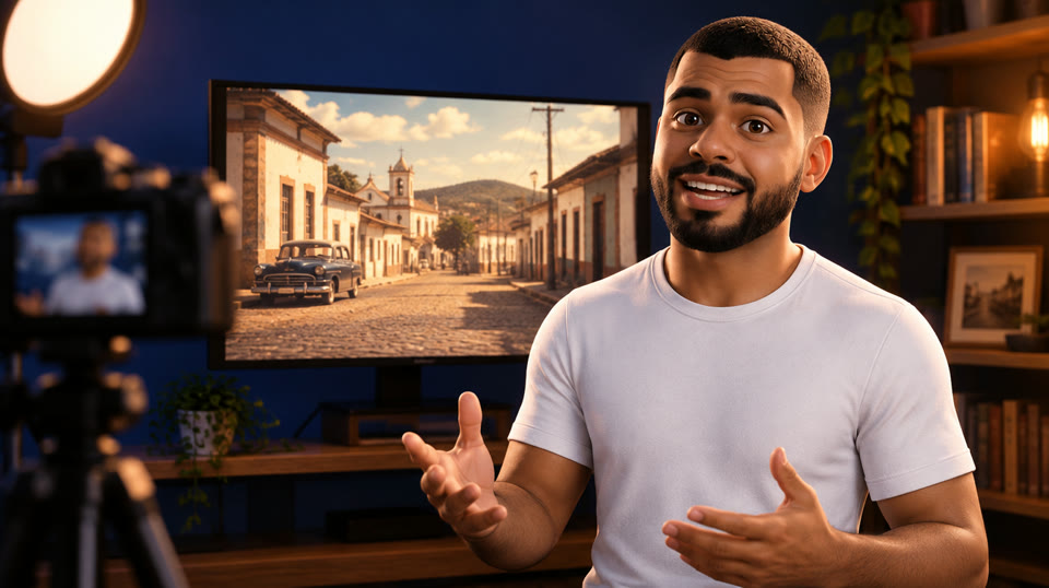 O personagem 3D do Adriano num pequeno estúdio, com uma câmera e uma tela mostrando uma rua antiga